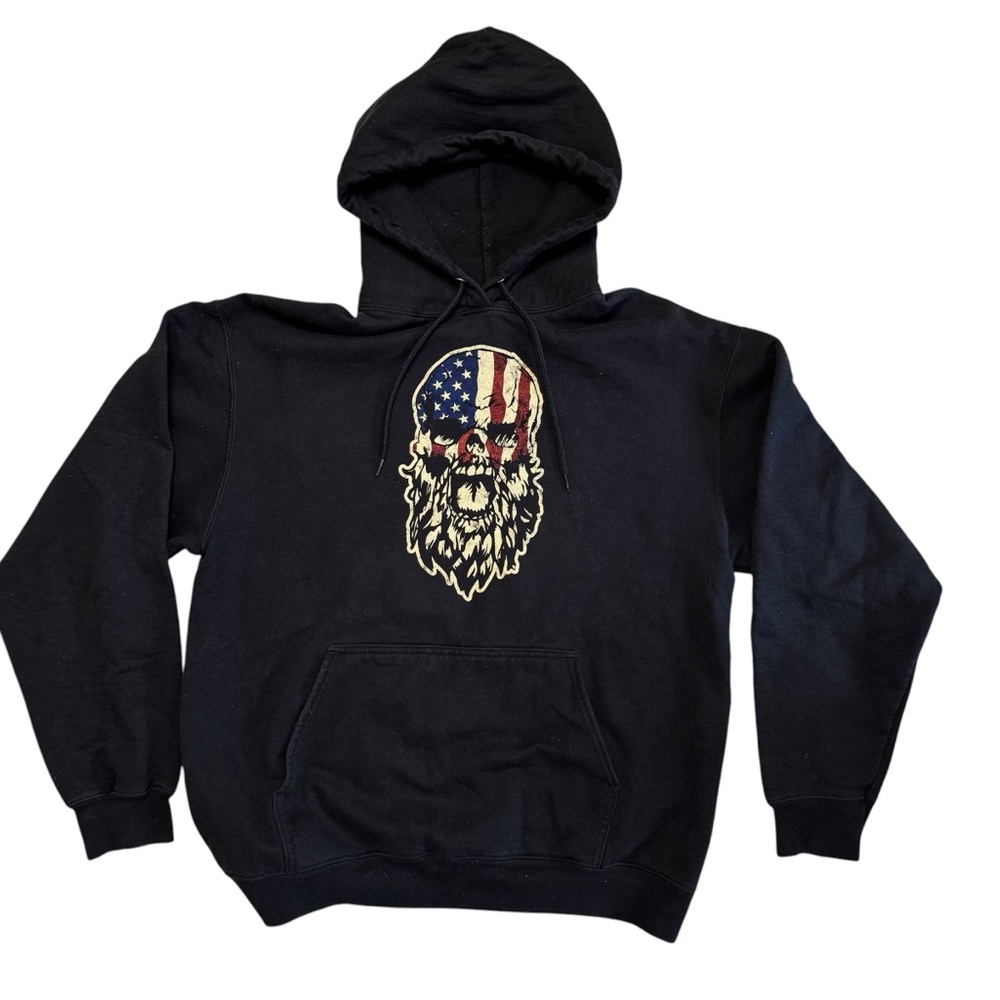 Port and Company Skull American Flag Unisex Hoodie Sweatshirt Patriotic Size L